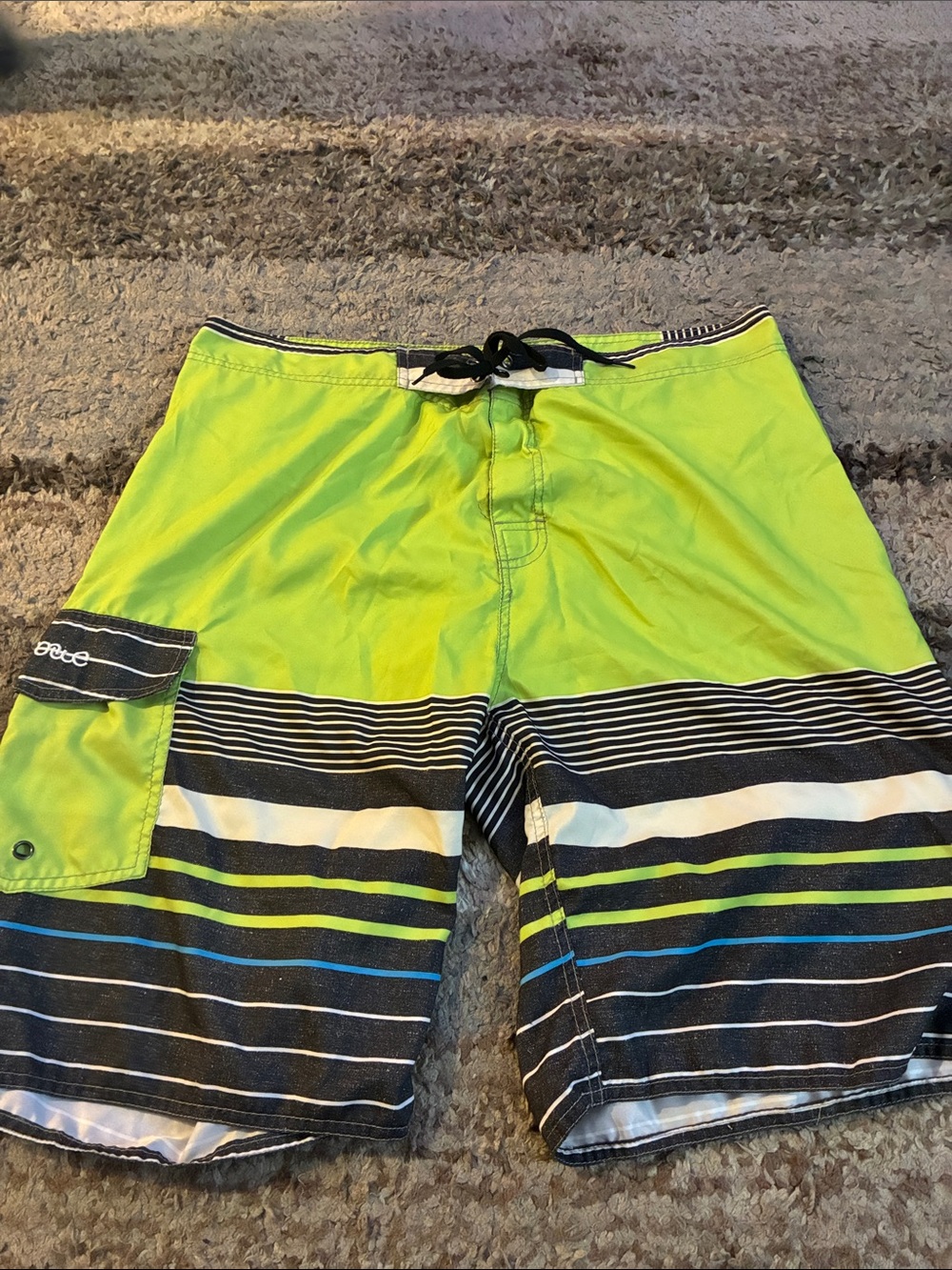 Men's Neon Lime and Black Striped Swim Trunks in 38